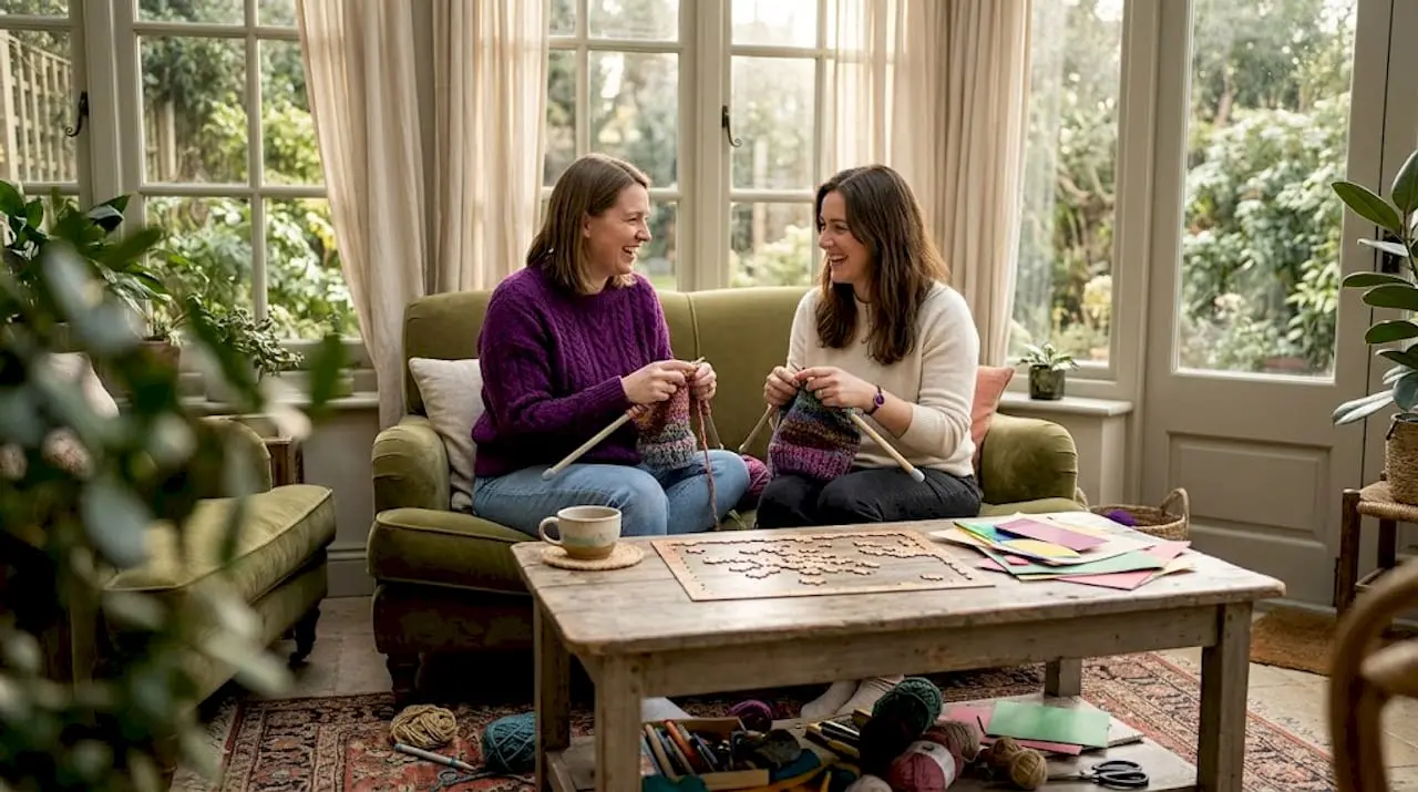 Friends knitting together in casual living room