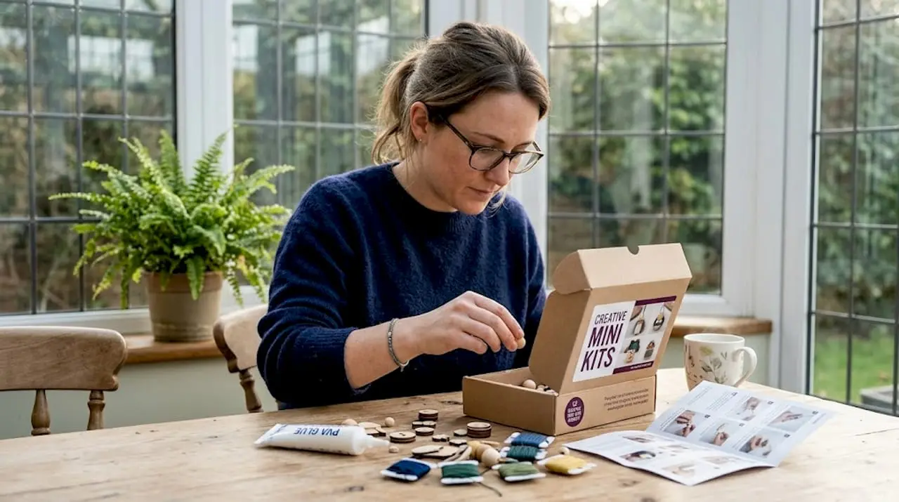Woman assembling mini craft kit at home table
