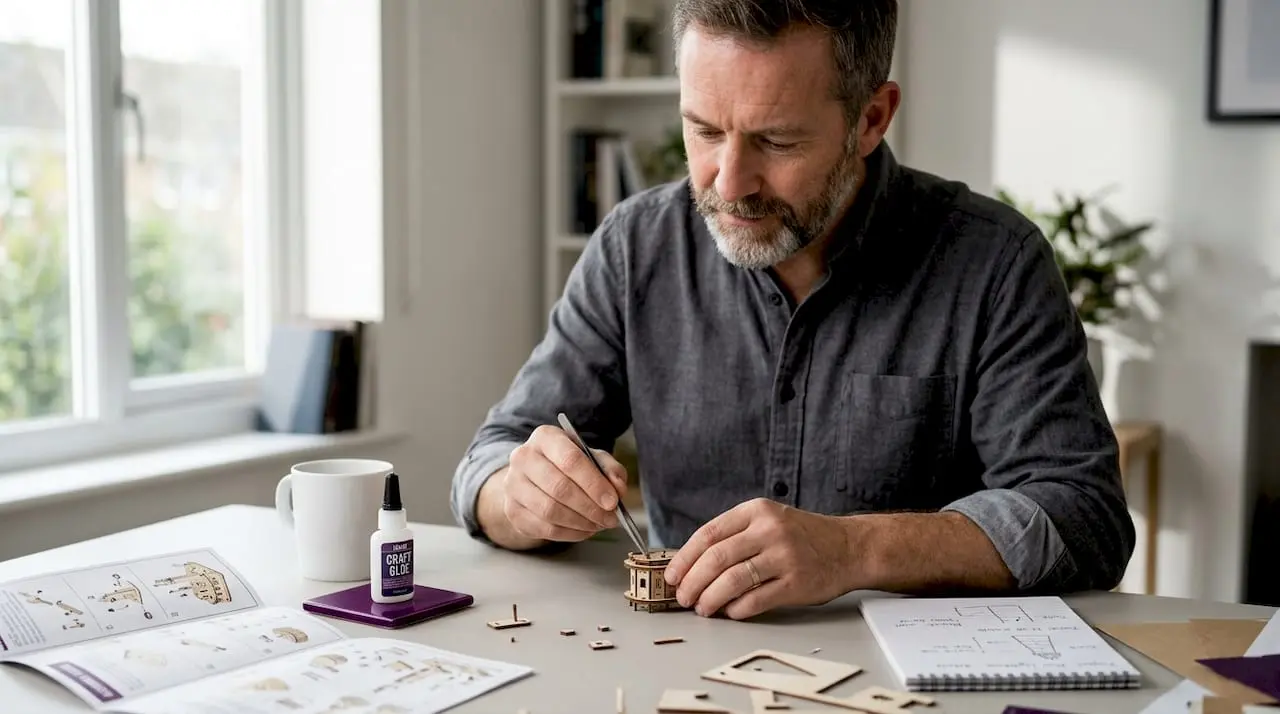 Man building mini kit with tools on table