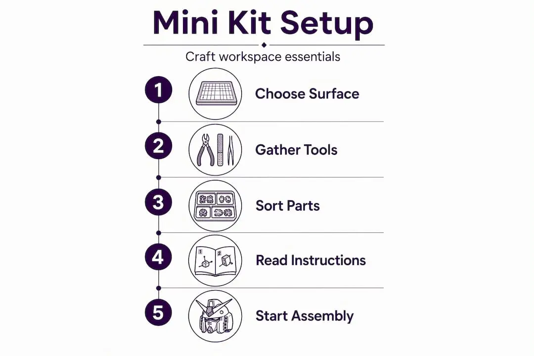 Infographic illustrating mini kit workspace setup steps