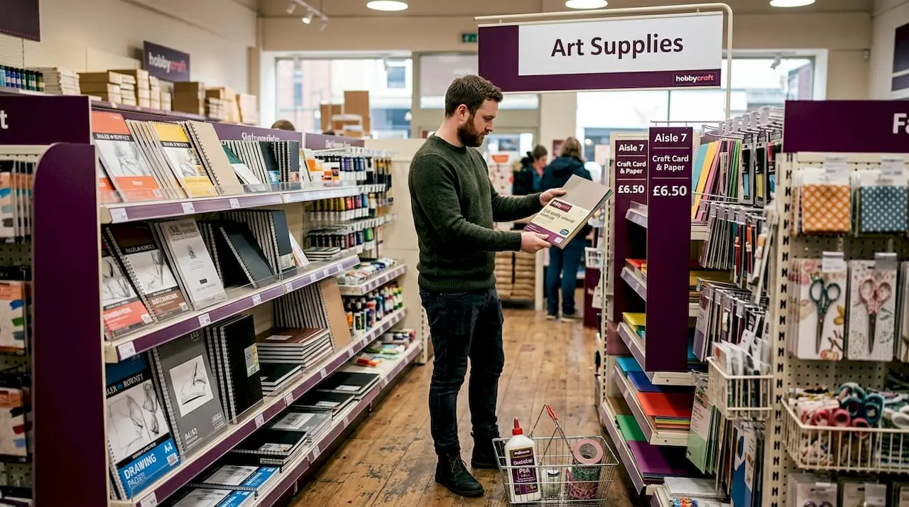 Man browsing craft aisle in Hobbycraft