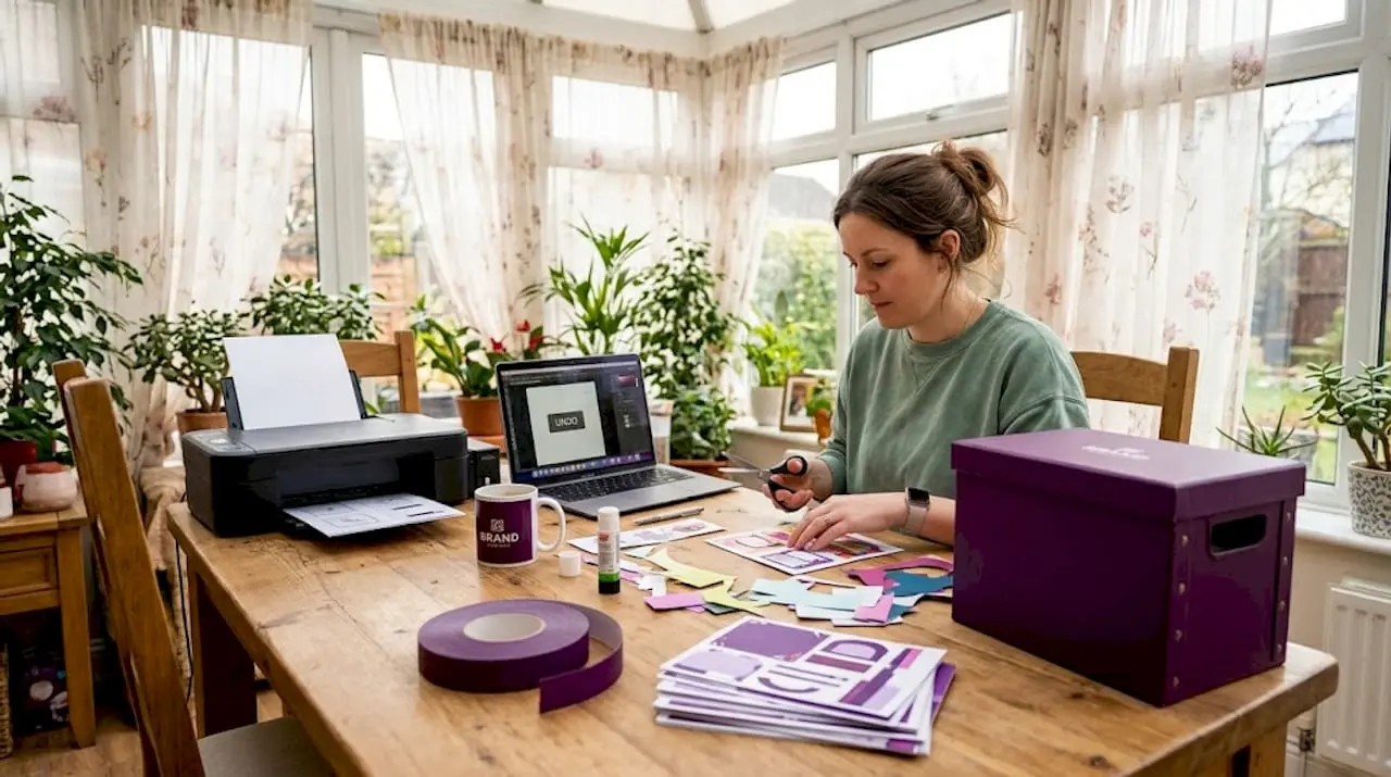 Person crafting with printables at home workspace
