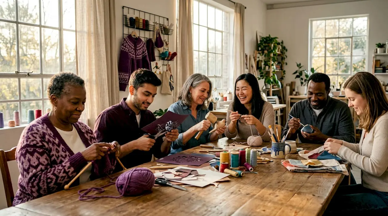 Crafters collaborating at living room table