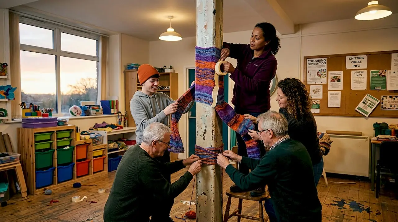 People adding knitted art in community room