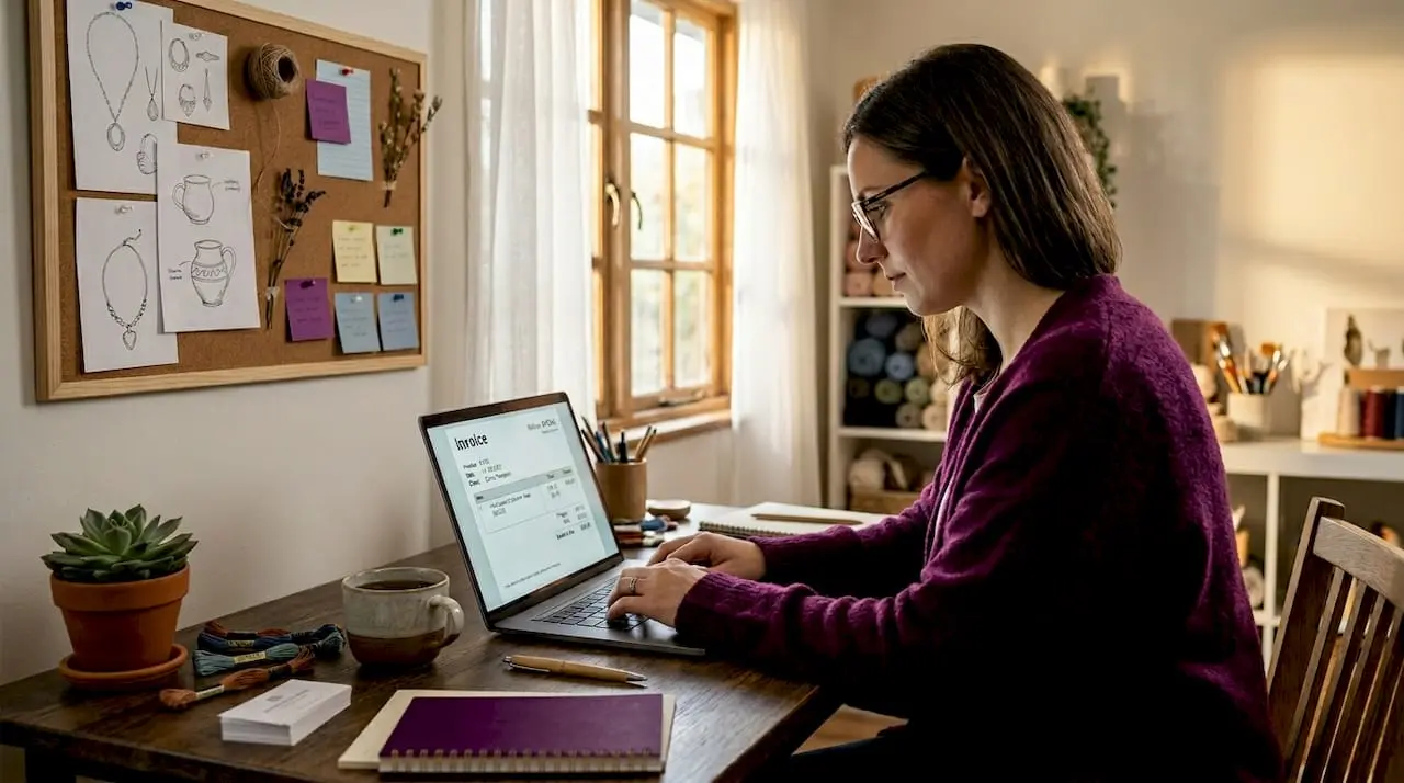 Craft business owner working on invoice template