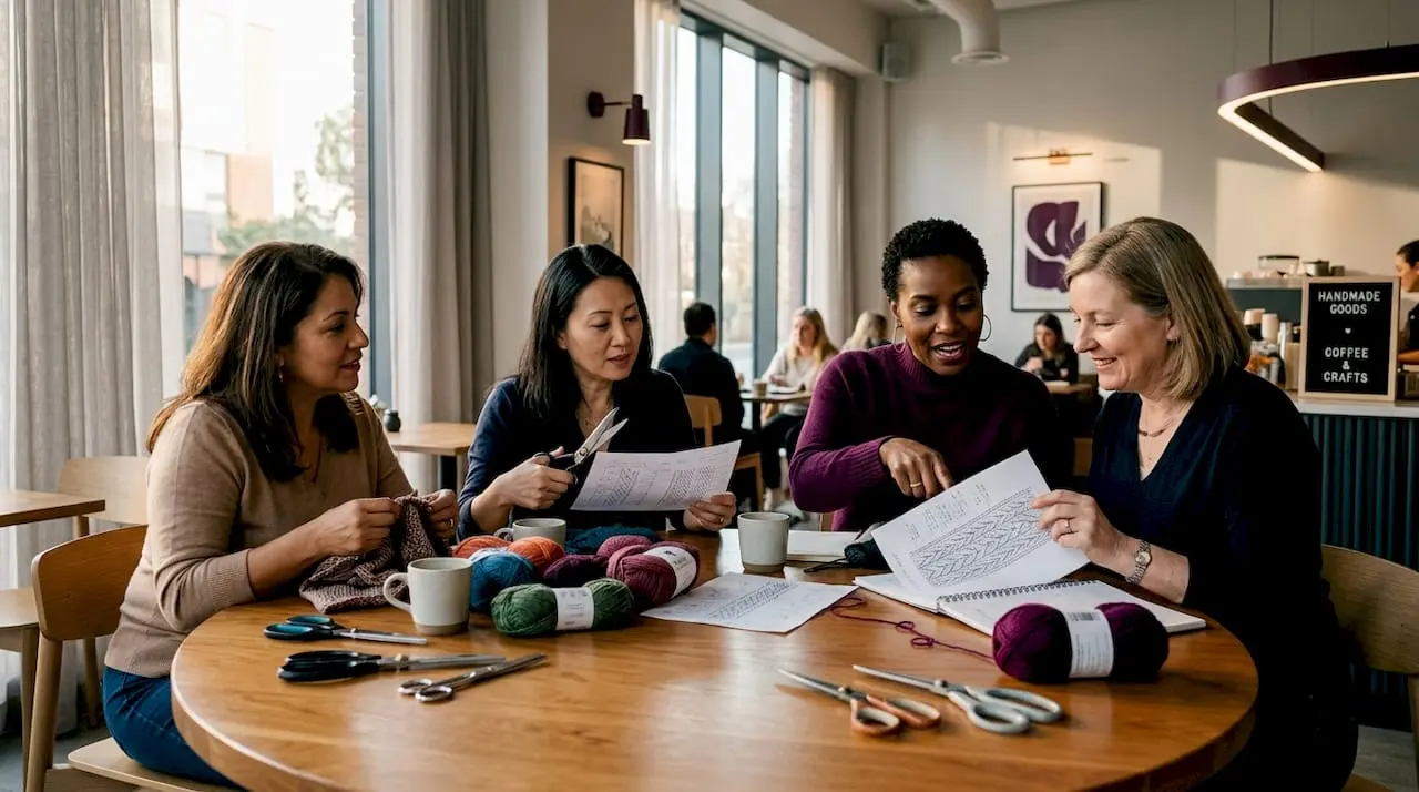 Knitting group sharing craft patterns together