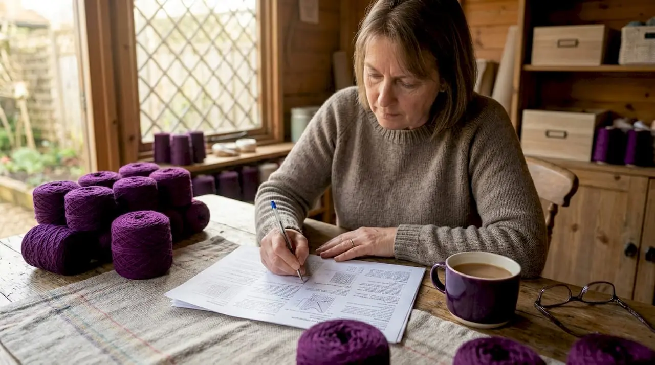 Woman marking craft pattern at home table