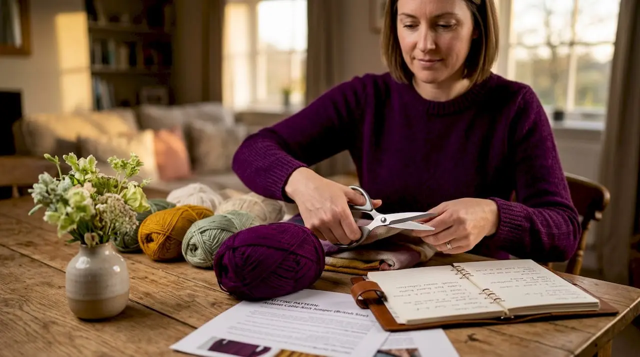 Crafter organizing materials at home table