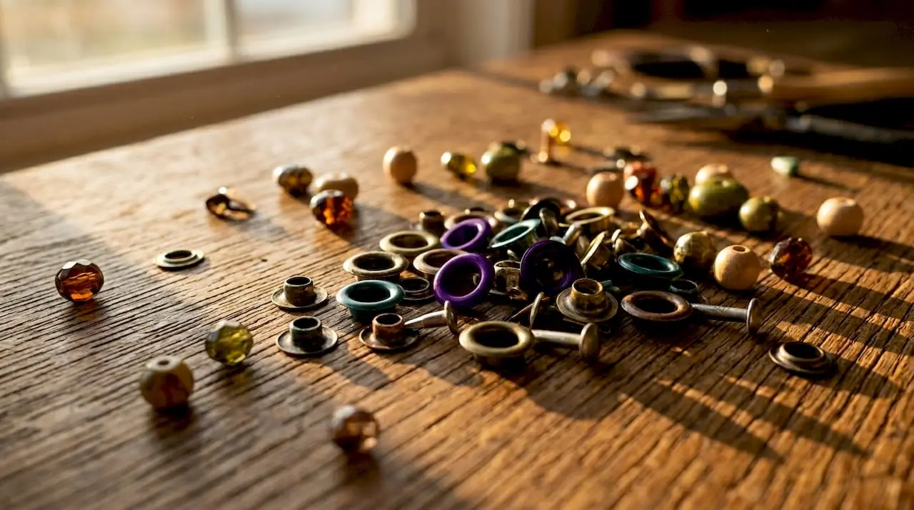 Close-up of beads, brads, eyelets