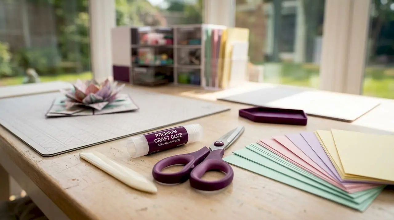 Close-up of paper crafting tools and materials
