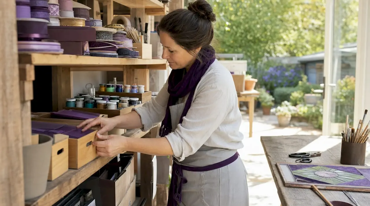 Woman organizing craft supplies at home