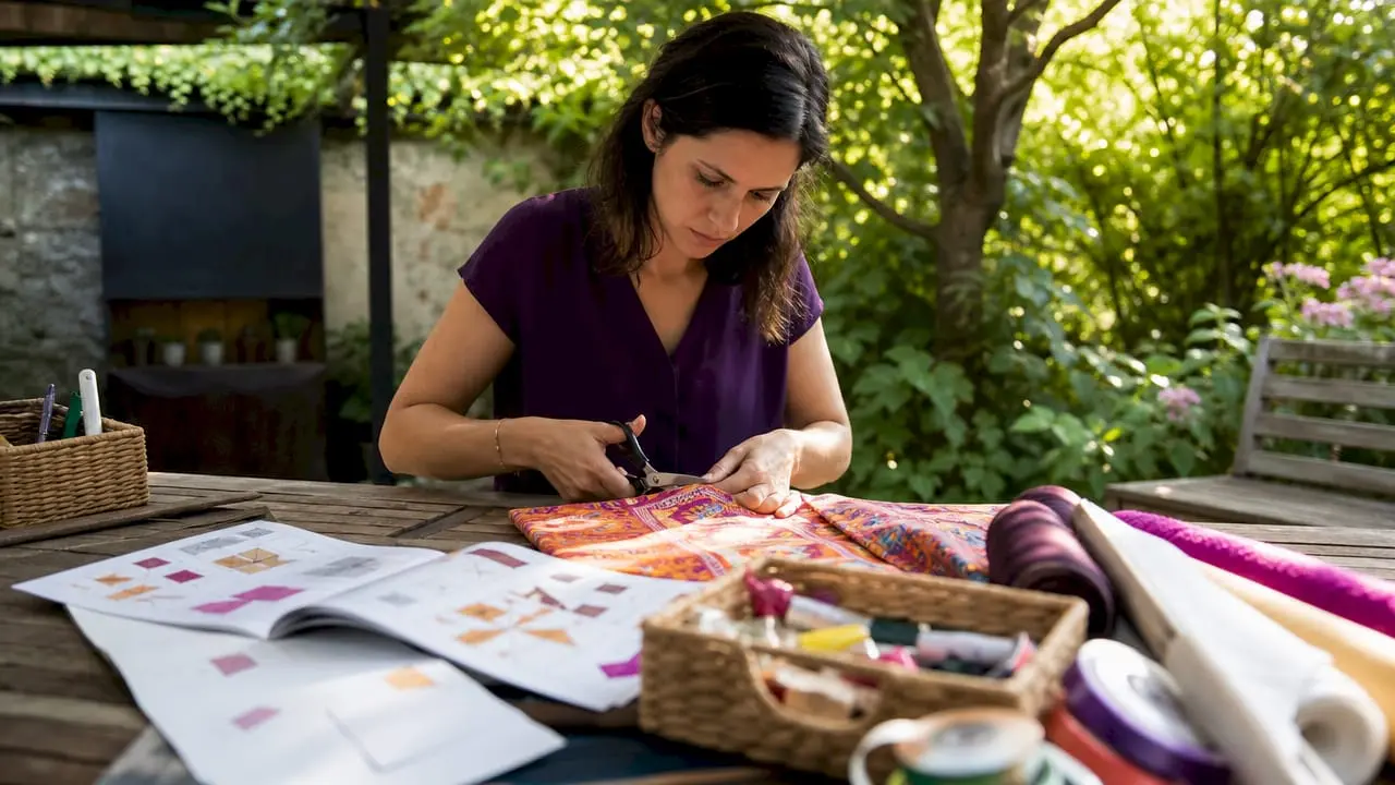 Woman using educational craft guide at table