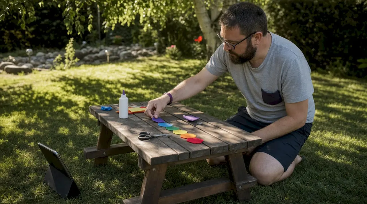 Hands arranging craft materials with tablet nearby