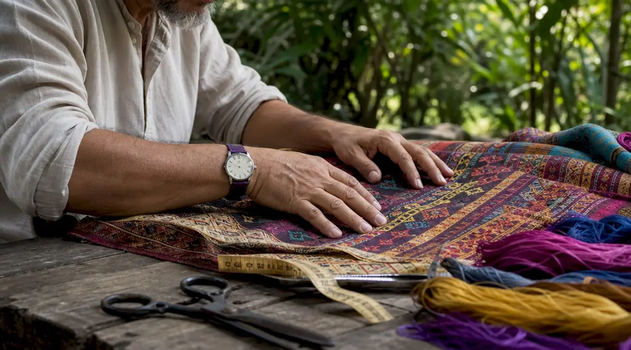 Close-up of artisan hands with fabric and tools