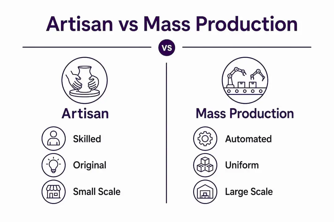 Infographic comparing artisan and mass production characteristics