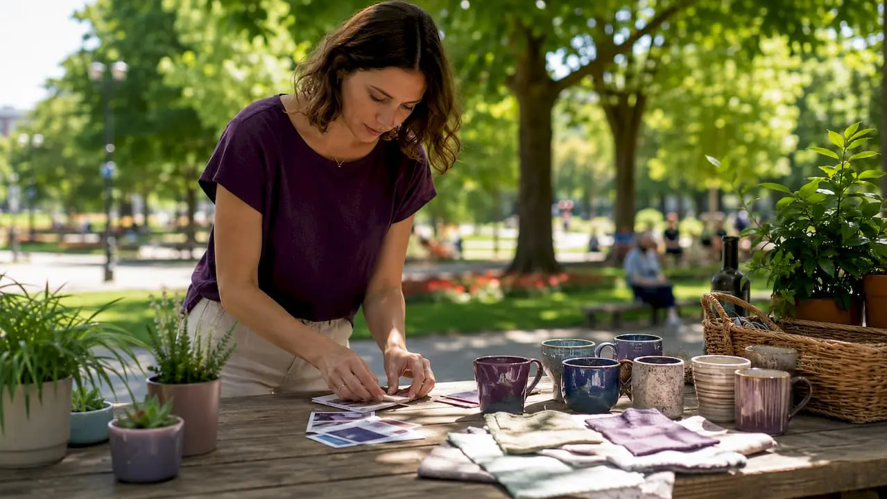 Craft business owner arranging promotional materials