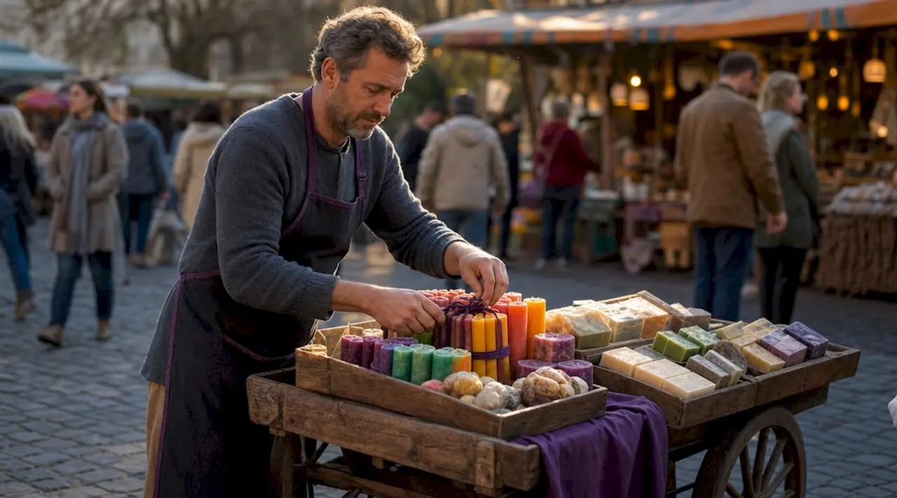 Hands bundling craft products at market stall