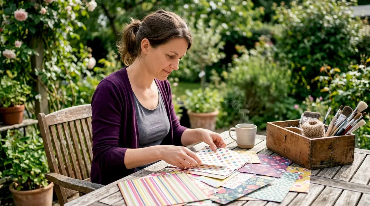 Woman selecting bold card pattern at table