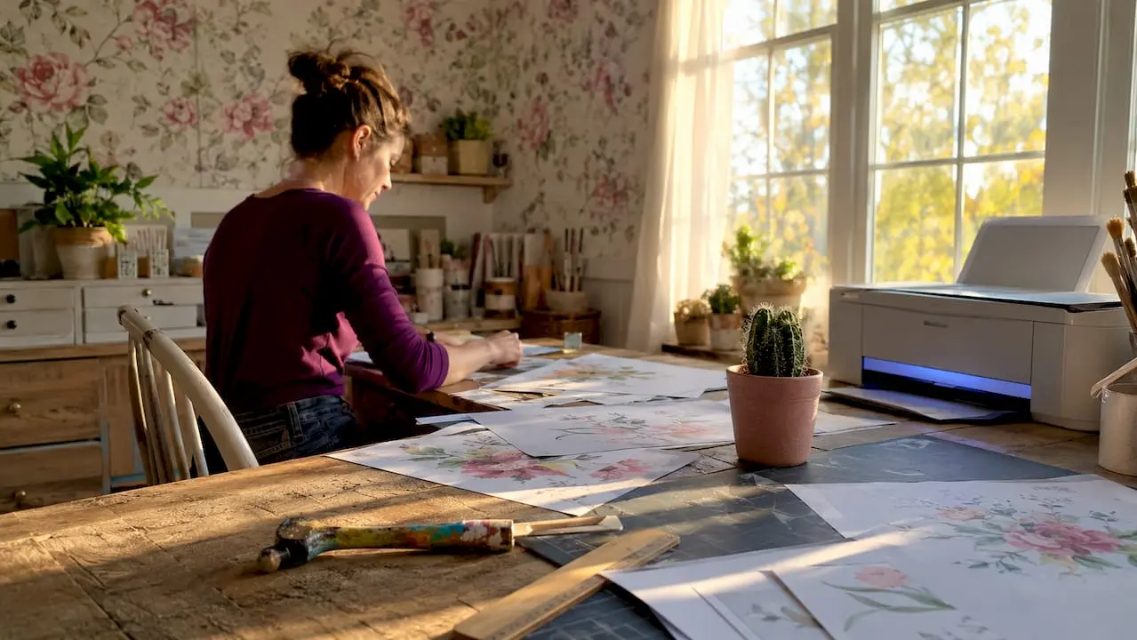 Printed craft download sheets on wooden desk