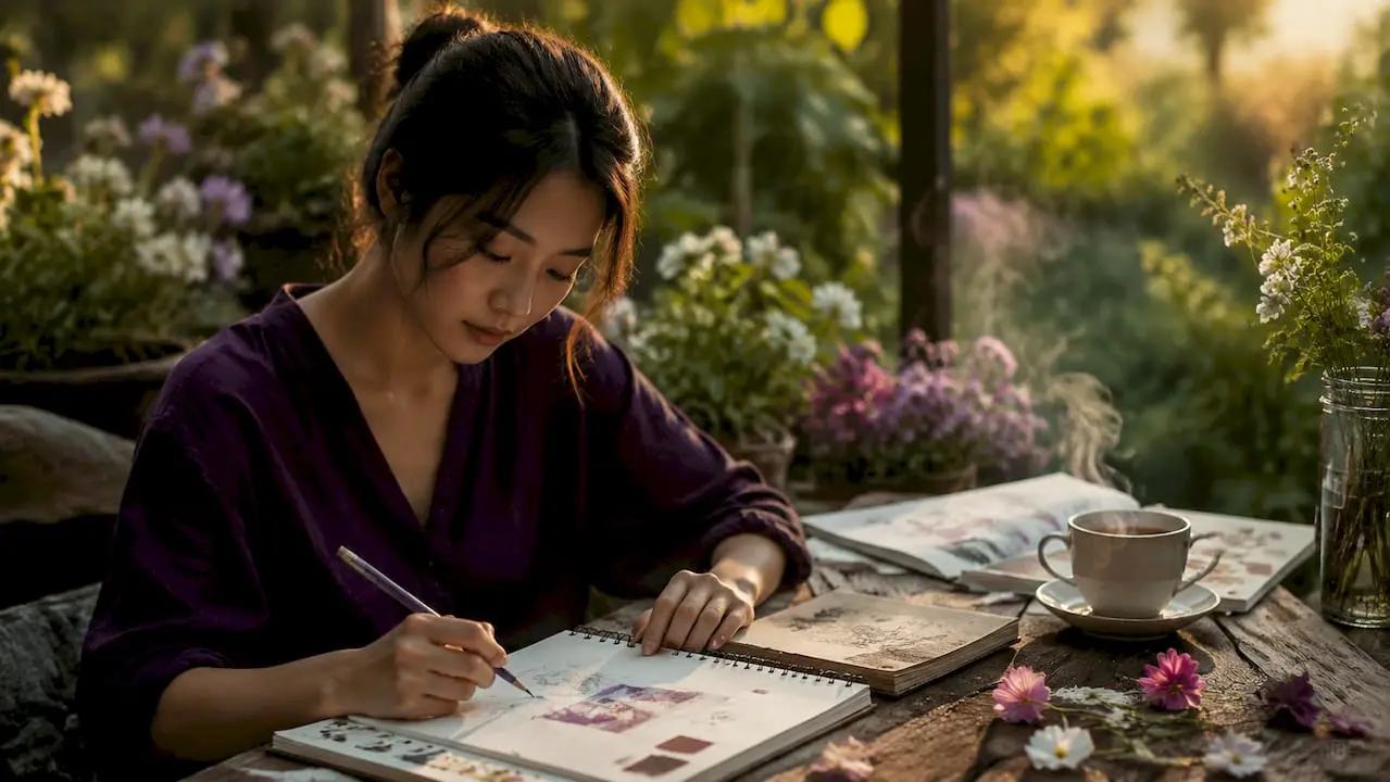 Woman sketching craft portfolio ideas at home desk