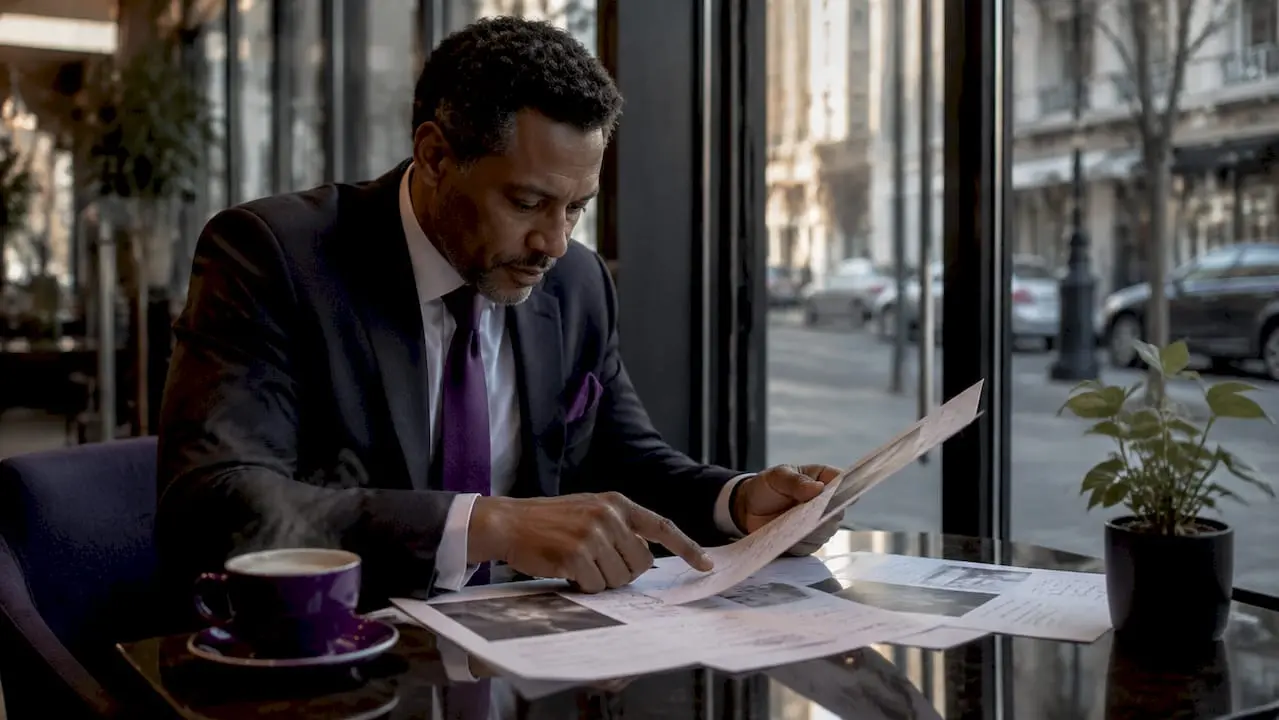 Hiring manager examining printed digital portfolio samples