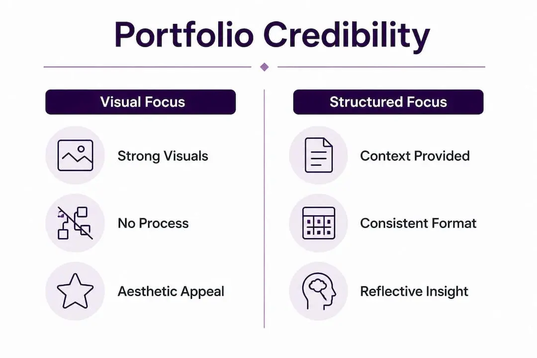 Infographic comparing portfolio design approaches and credibility