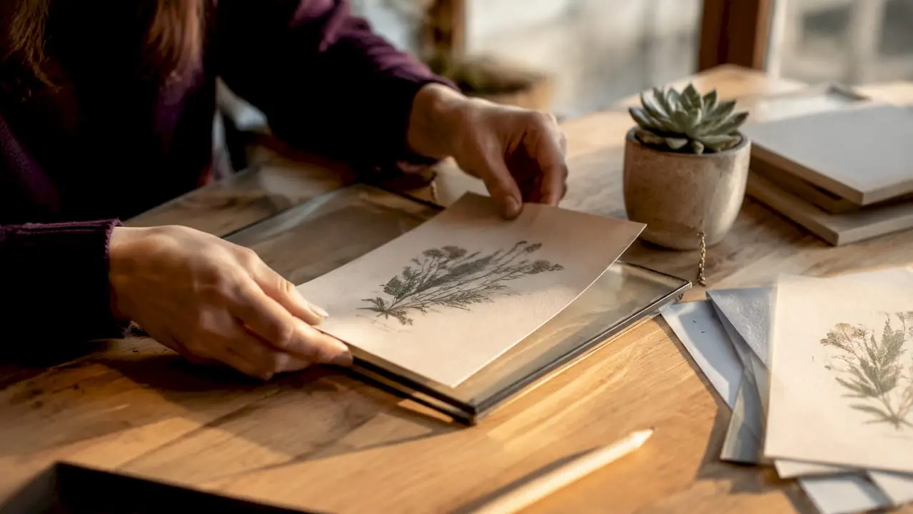 Hands framing printable wall art on desk overhead view