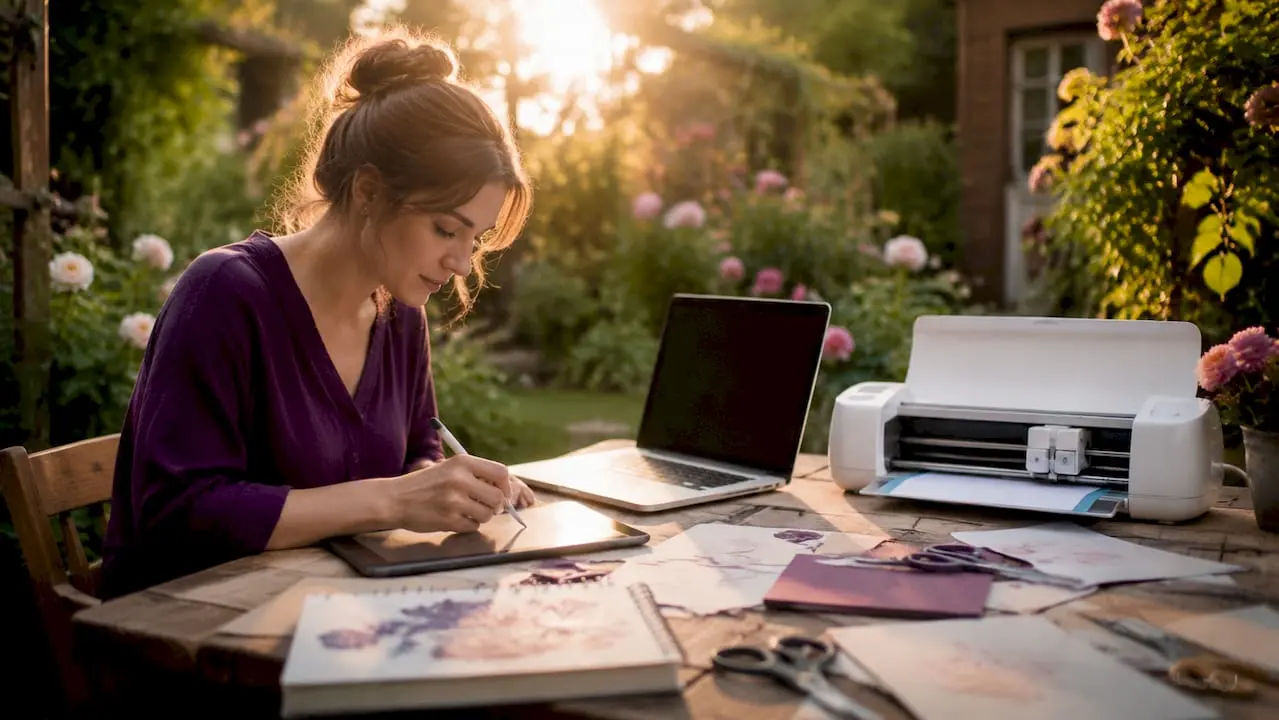 Crafter working on digital craft file design at desk