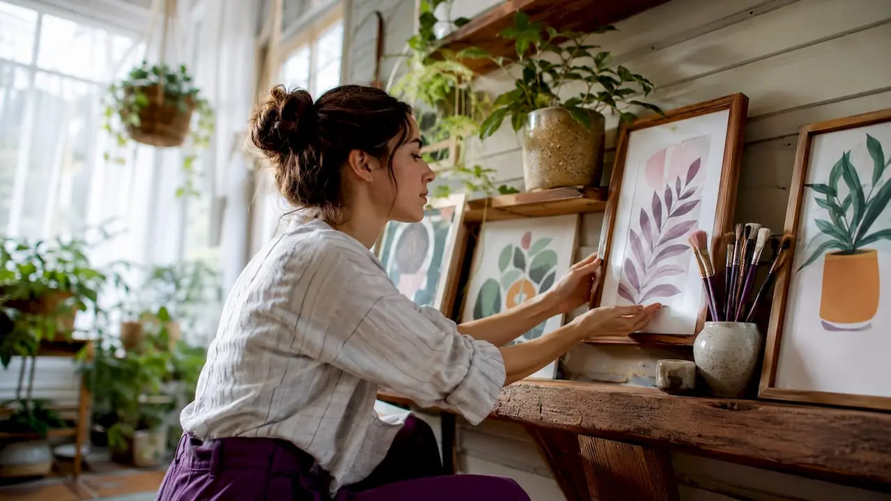 Woman arranging printable art frames indoors