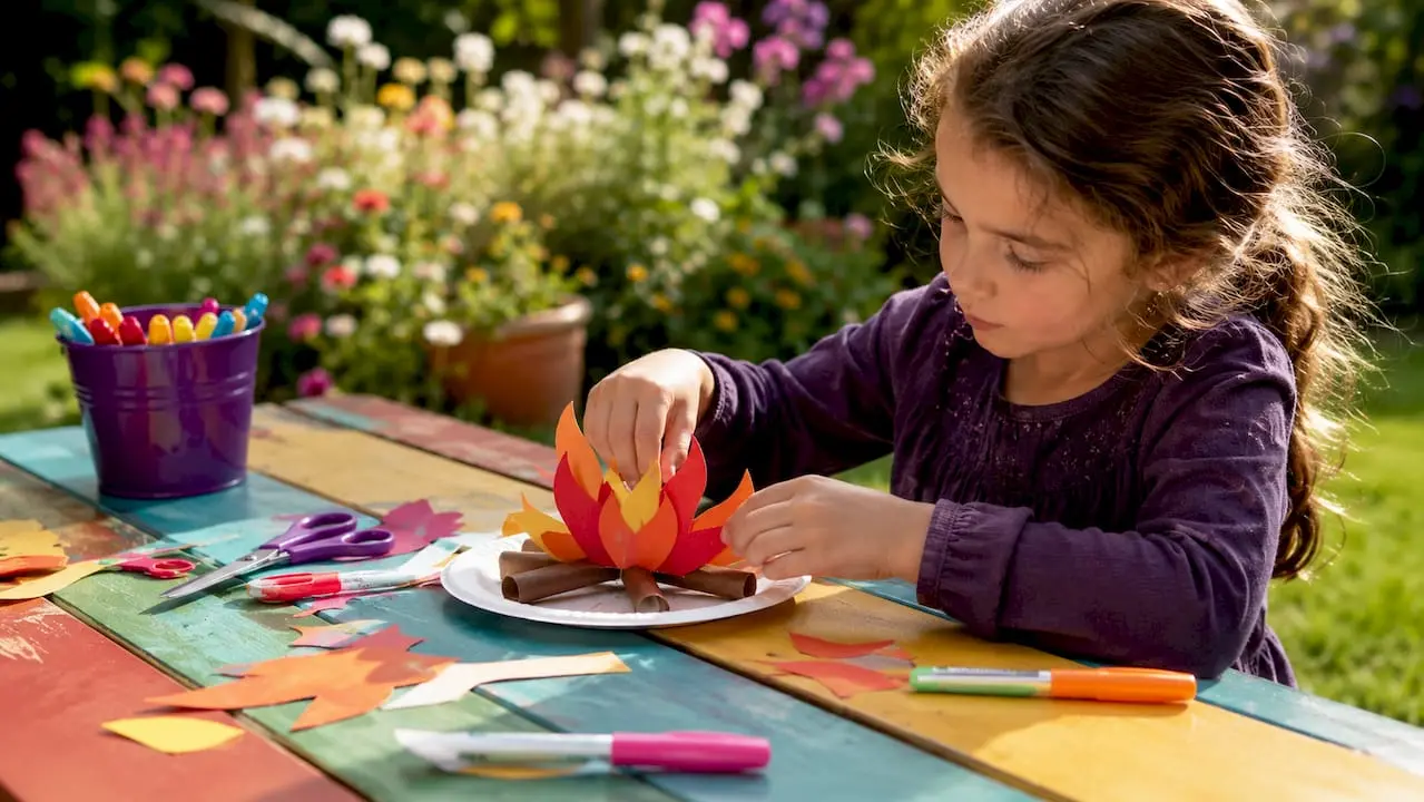 Hands assembling paper plate campfire craft