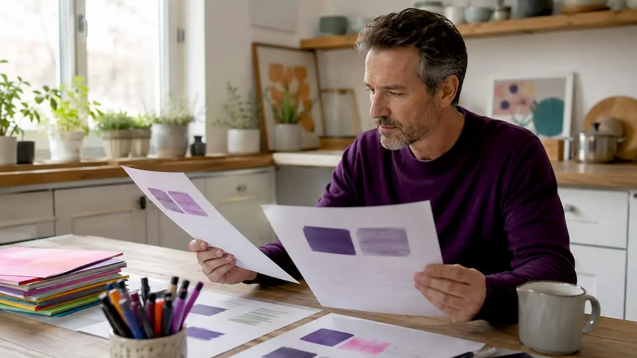 Hands comparing crafting article printouts on desk
