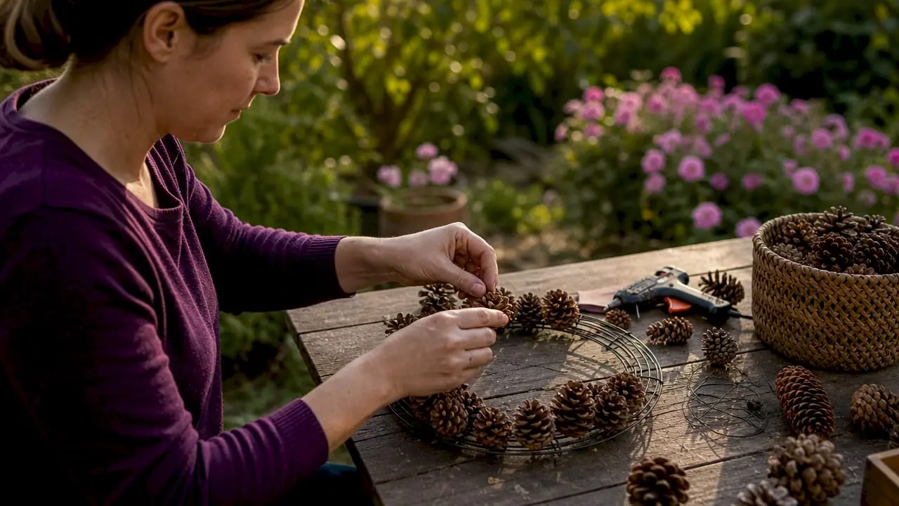 Close-up hands assembling pinecone wreath