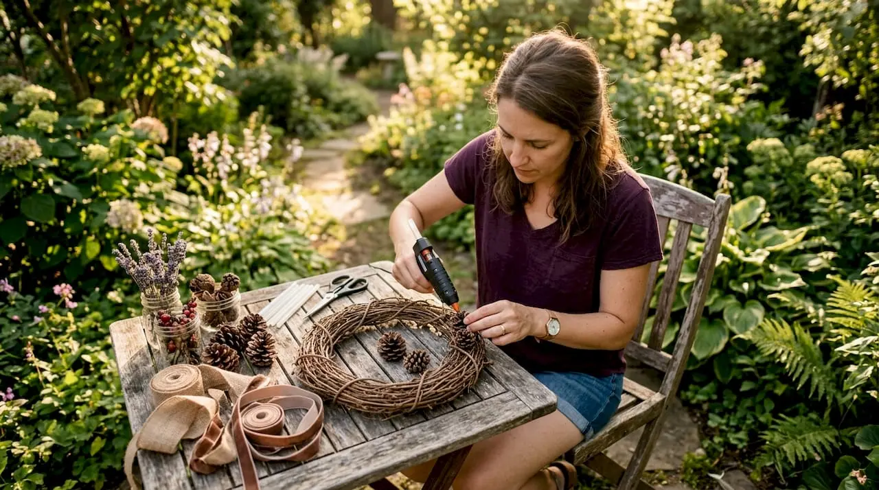 Woman crafting pinecone wreath at kitchen table