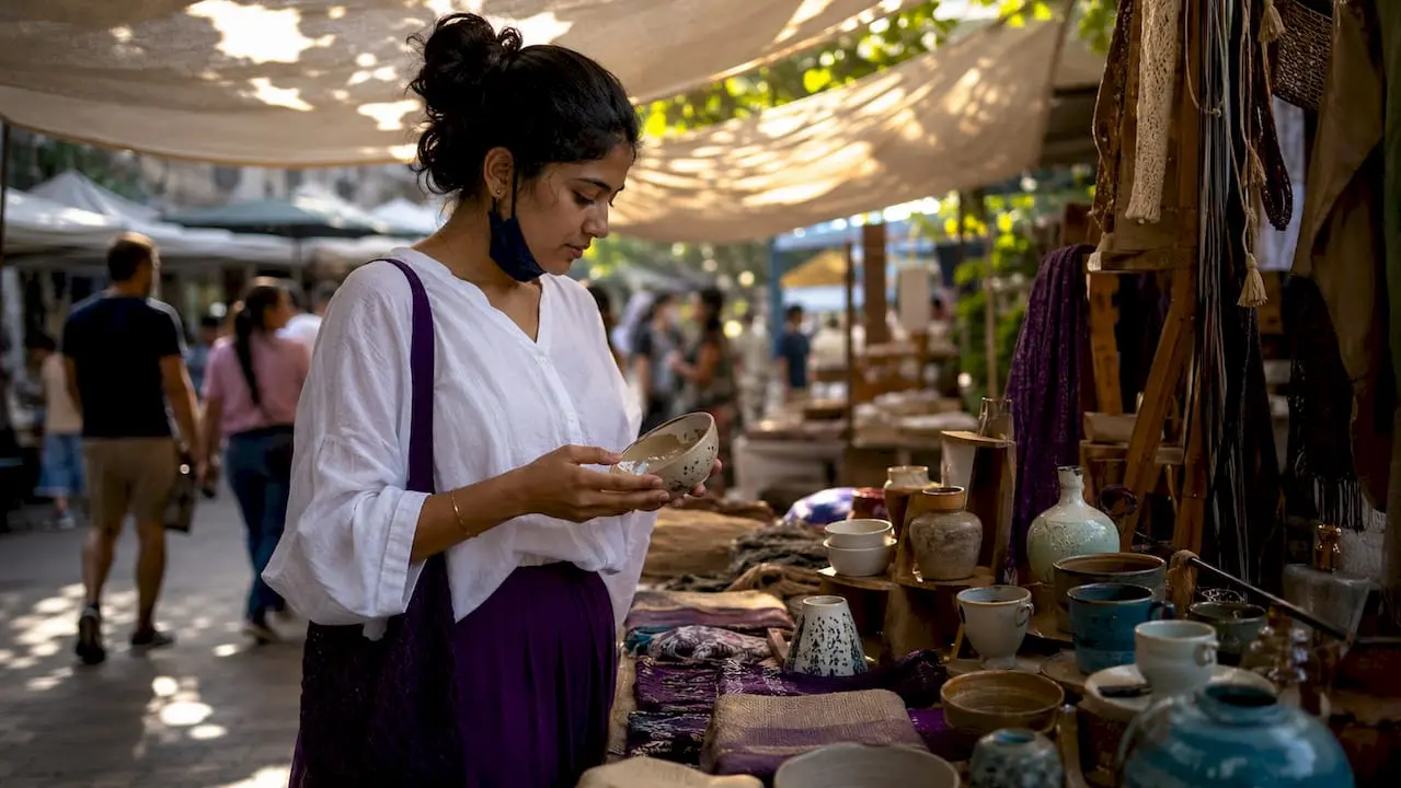 Woman examining handmade ceramic bowl at artisan market