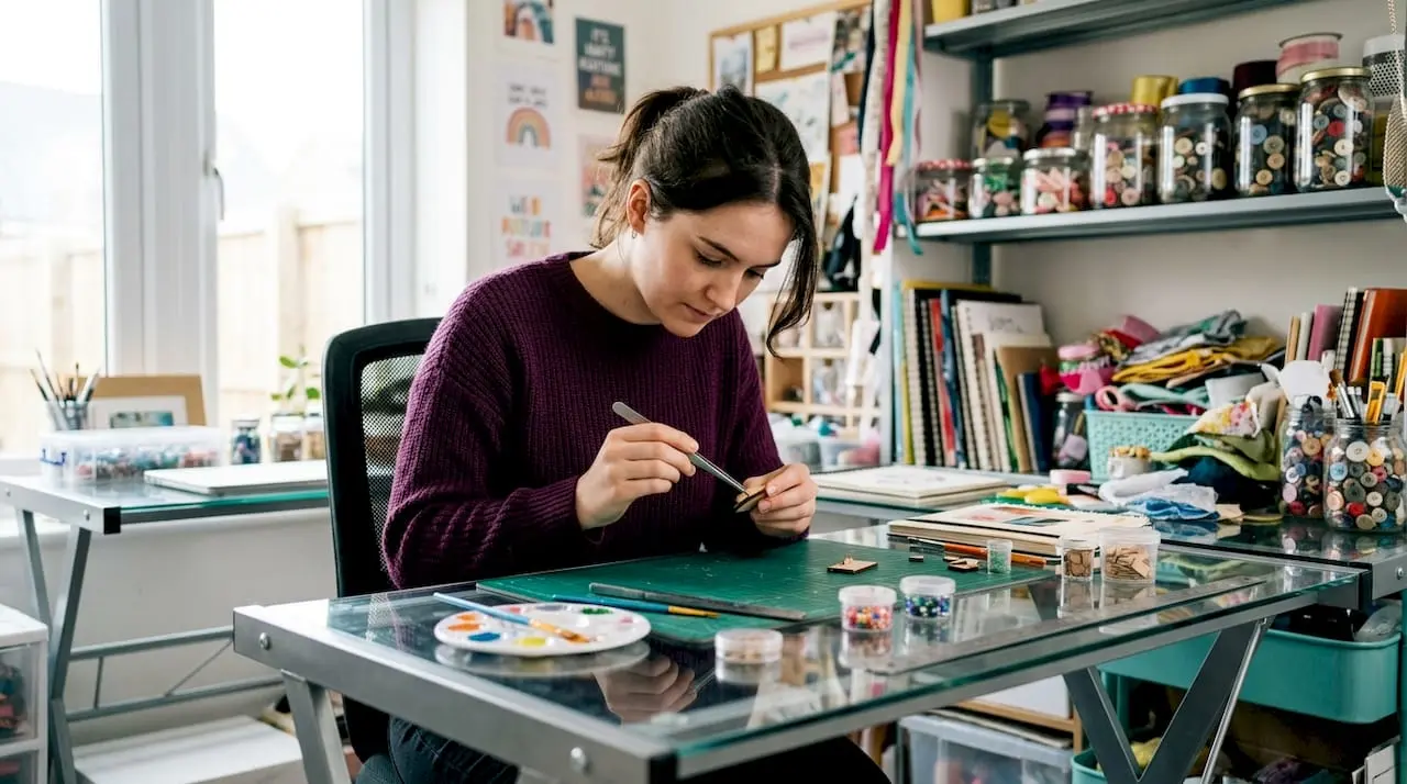 Woman assembling craft kit parts at home