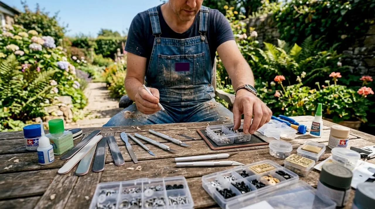 Close-up of hands organizing craft tools