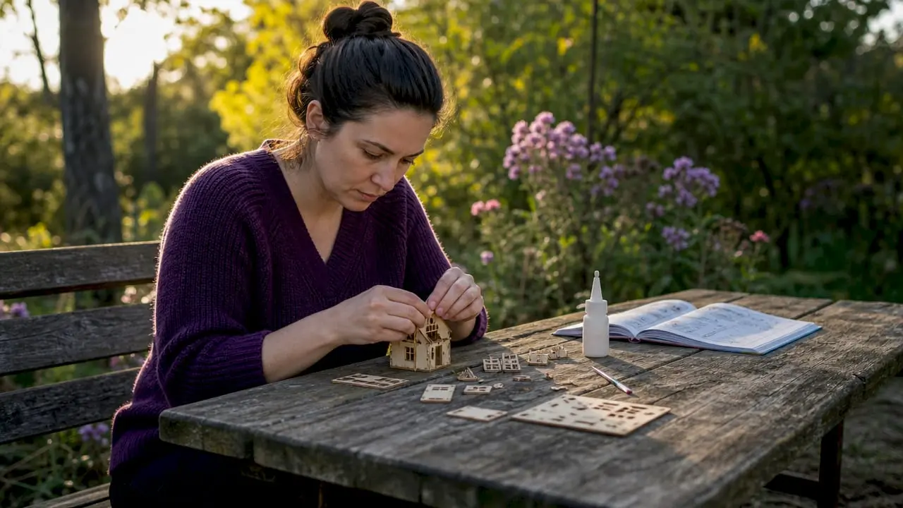 Woman assembling miniature house kit at home