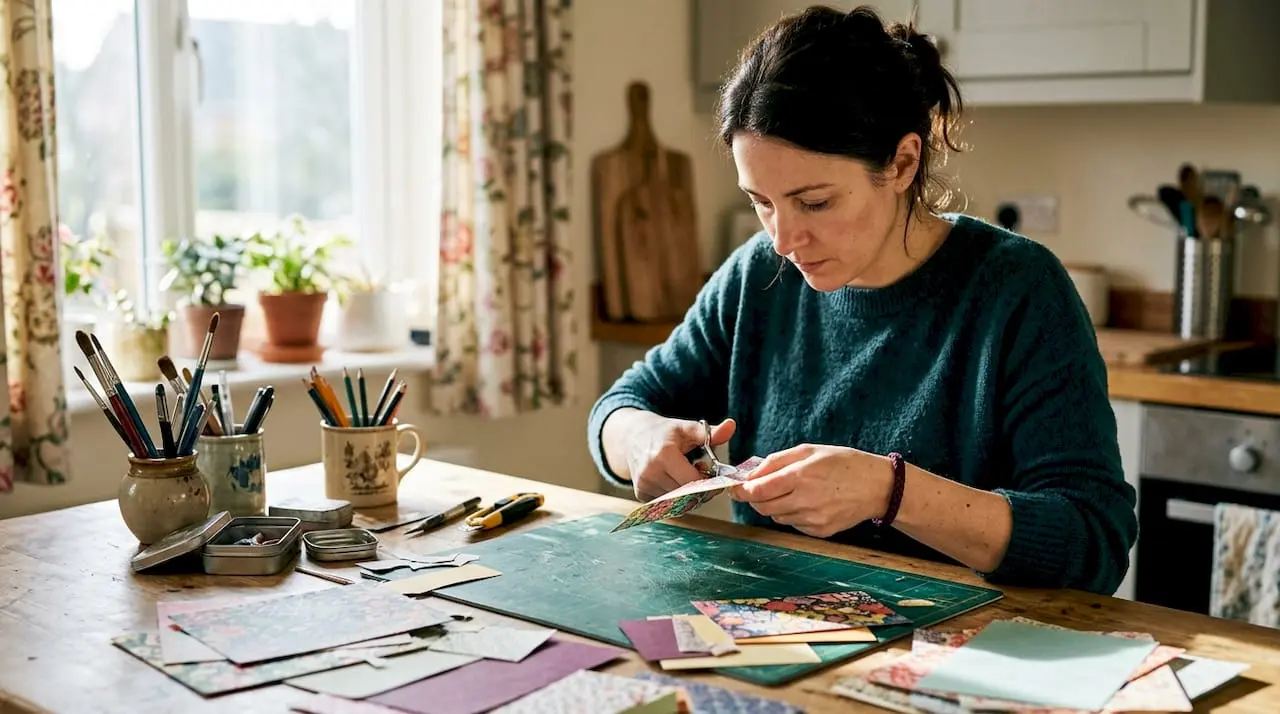 Artist working on paper cutting at craft table
