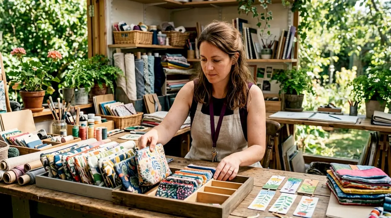 Craft artist arranging handmade products on table