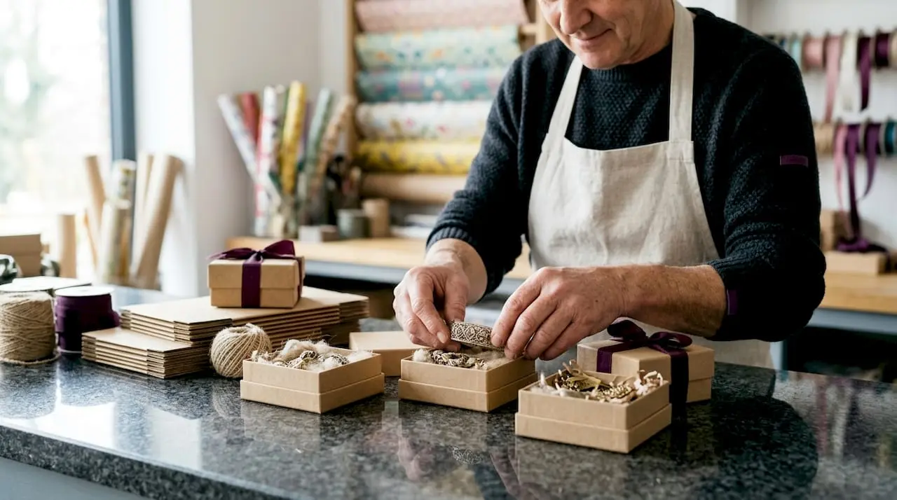 Hands packing handmade jewelry boxes