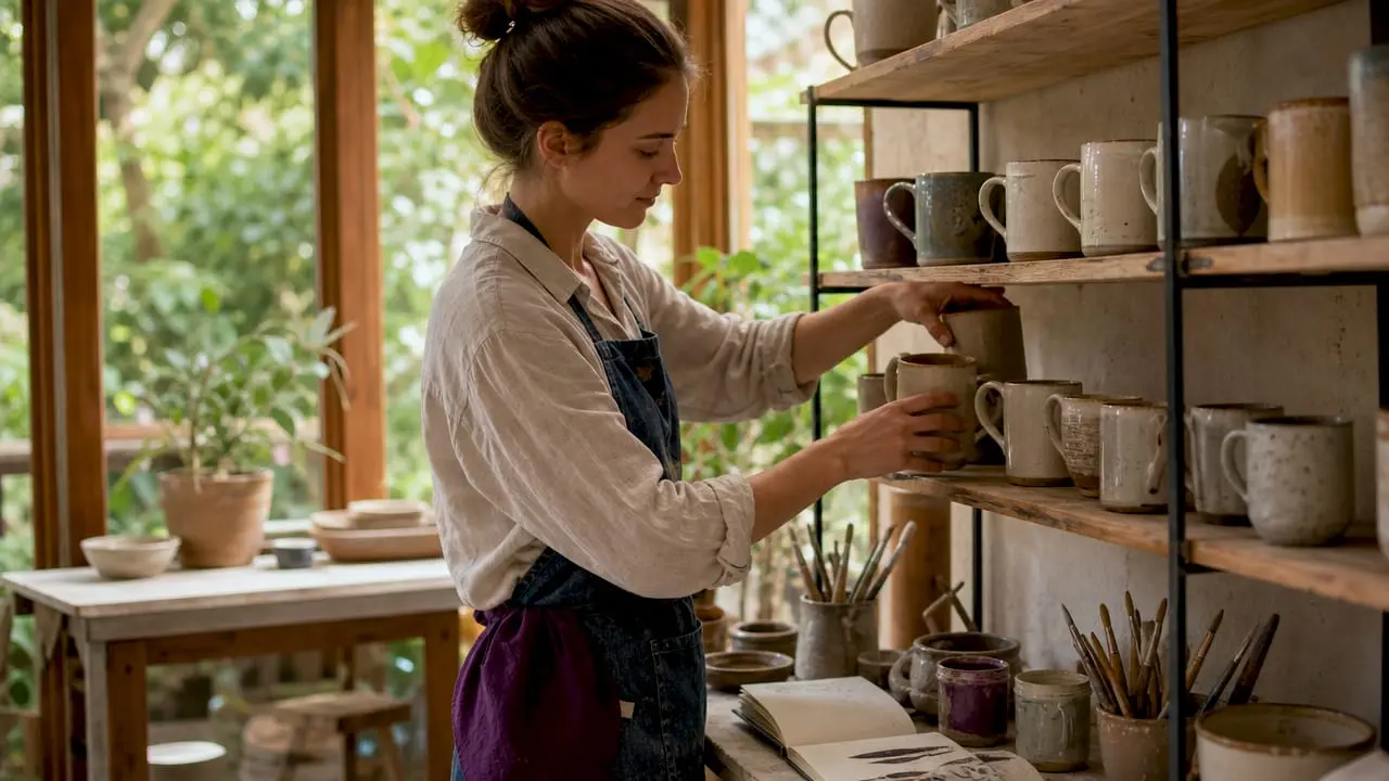 Artisan arranging handmade ceramics in studio
