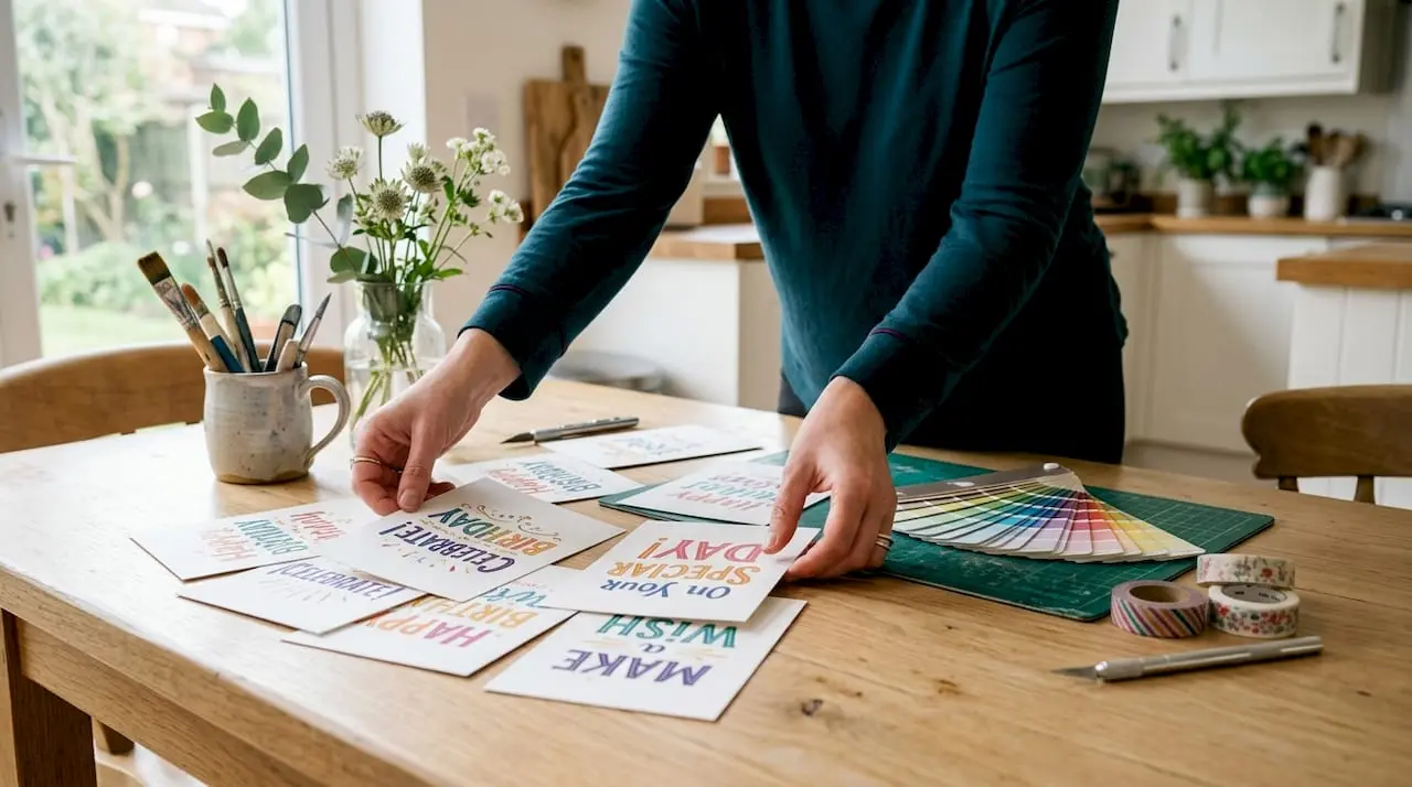 Hands arranging typography samples on craft table