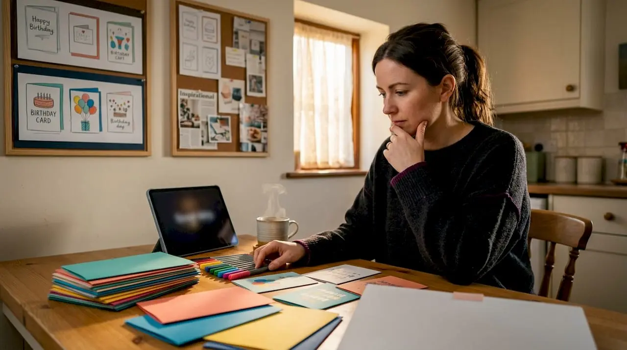 Designer crafting birthday card at desk
