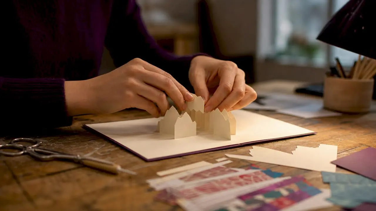 Hands working on a pop-up card paper folds close-up