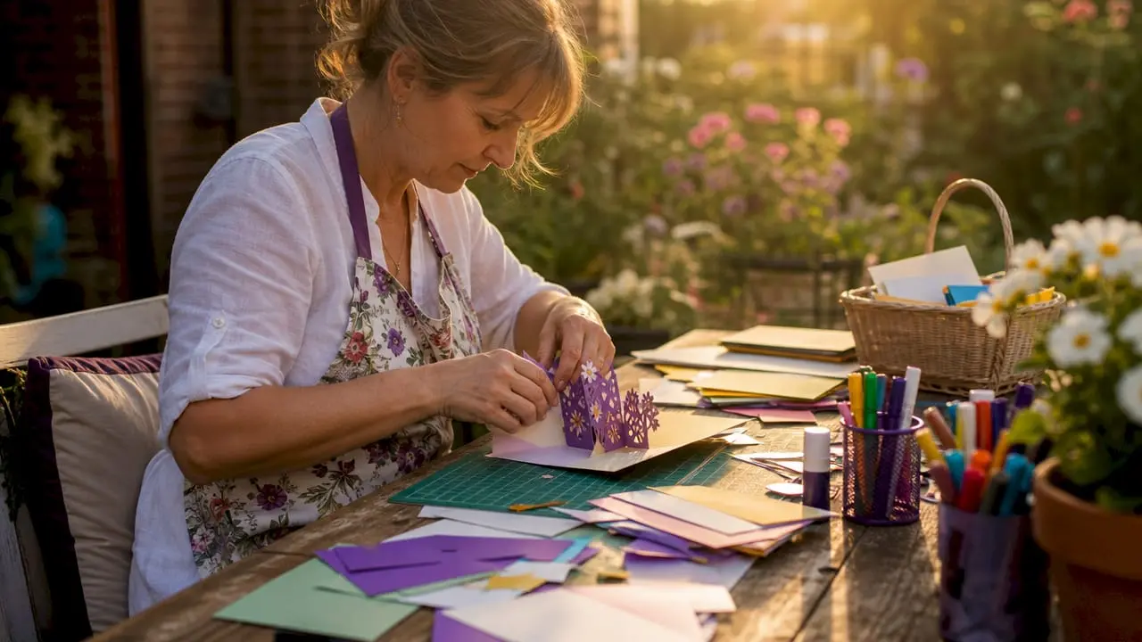 Woman folding a pop-up card mechanism at home desk