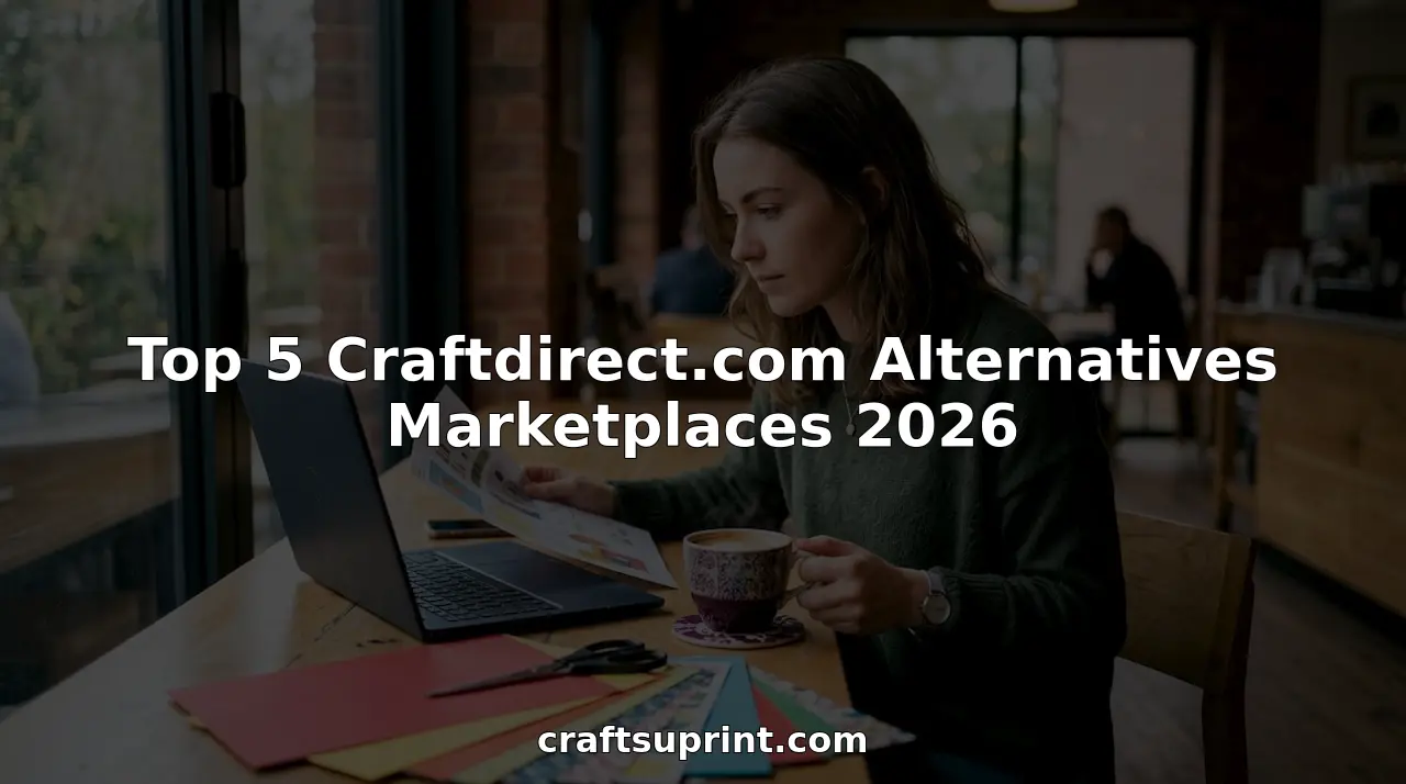 Woman browsing craft marketplaces at home table