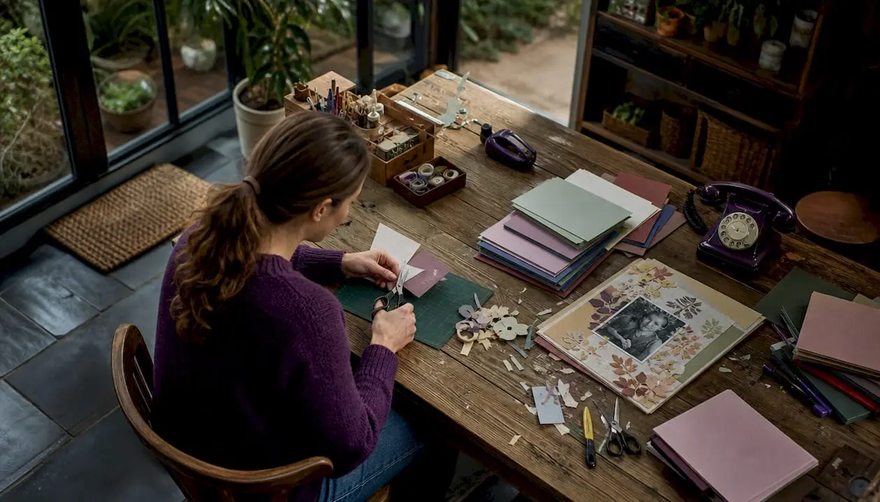 Crafter cutting cardstock at home studio table
