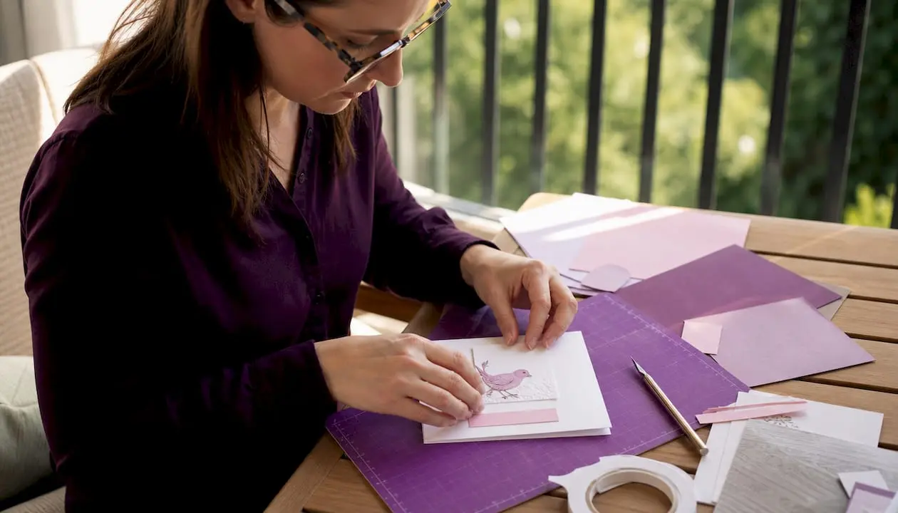 Woman creating clean simple card design