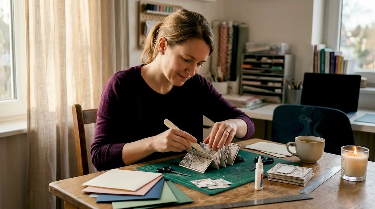Hands folding fancy fold greeting card at bright table