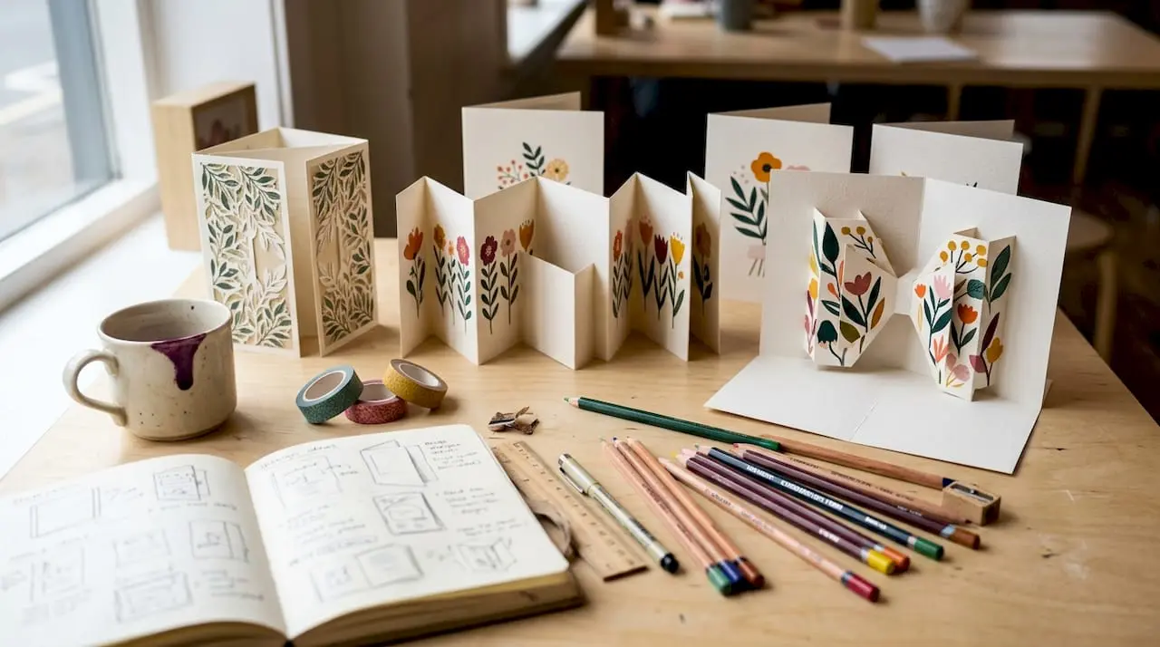 Collection of various fancy fold cards displayed on table